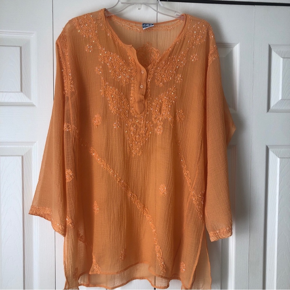 Geeta Free Size Gauzy Sparkly Orange Top Boho Chic Festival Hippie
